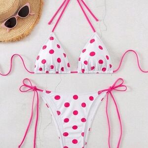 Women's White and Hot Pink Polka Dot Tie-Side Bikini